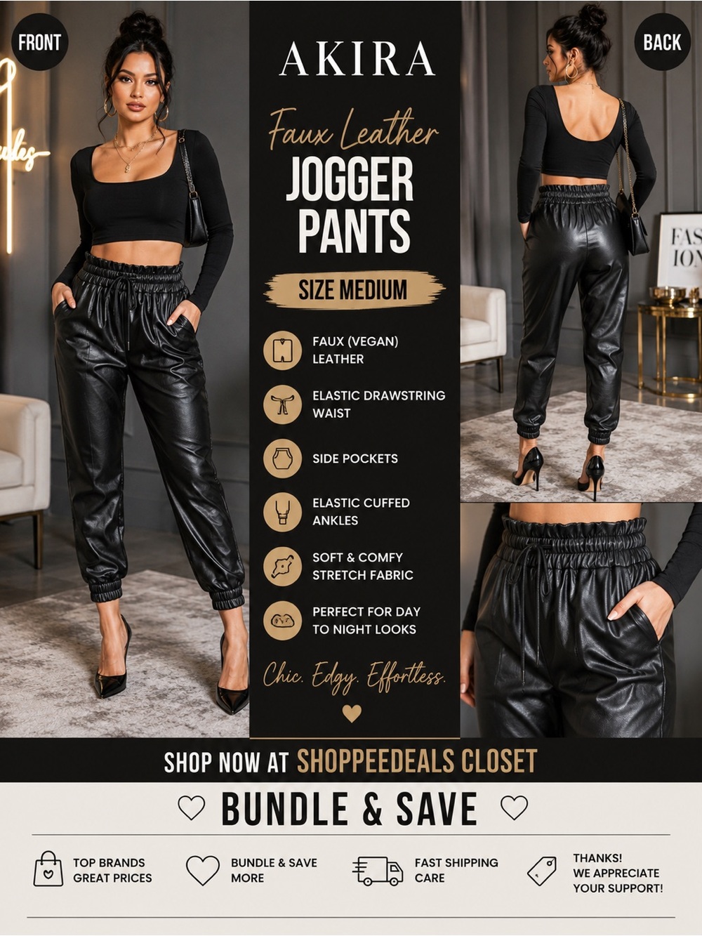 AKIRA Black Faux Leather Jogger Pants – Women’s Medium – Vegan Leather